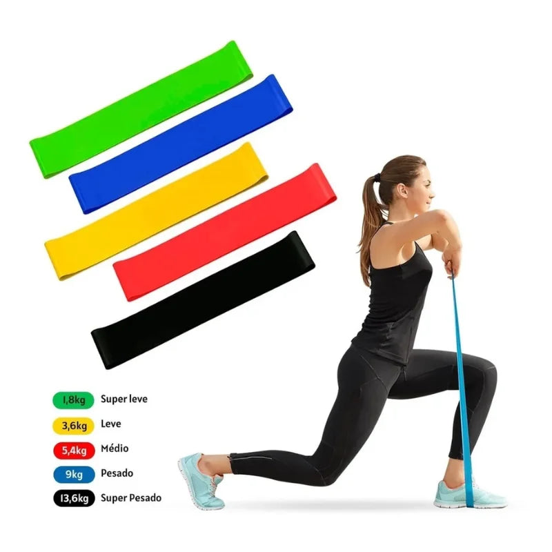 Kit de 5 Mini Faixas Elásticas Ideal p/ Exercício/Academia/ Em Casa